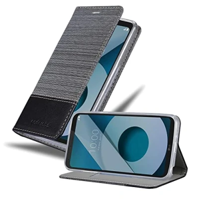 Abbildung von Cadorabo Hülle kompatibel mit LG Q6 / G6 Mini aus Premium Jeans und Kunst Leder Flip Klappbare Stoßfeste Magnetische [Standfunktion] [Kartenfächern] Cover für Tasche in Grau