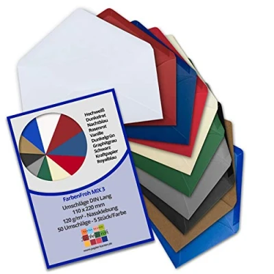 Abbildung von 50 Brief Umschläge Farbenmix Paket 3 DIN Lang 110 x 220 mm (11 22 cm) Nassklebung ohne Fenster Ideal für Einladungs Karten Serie FarbenFroh