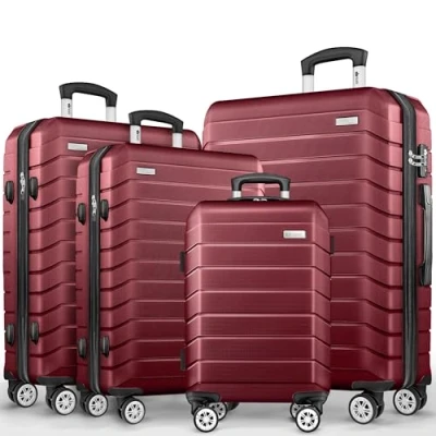 Abbildung von tillvex® Reisekoffer Set 4 TLG. + Gepäckwaage, 8X Koffergurte &amp; 4X Kofferanhänger Kofferset Rollen Trolley Gepäck Koffer TSA Schloss Rollkoffer Hartschalenkofferset S M L XL (Rot)