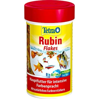 Abbildung von Tetra Rubin Flakes Fischfutter in Flockenform mit natürlichen Farbverstärkern, unterstützt eine intensive Farbenpracht der Fische, 100 ml Dose