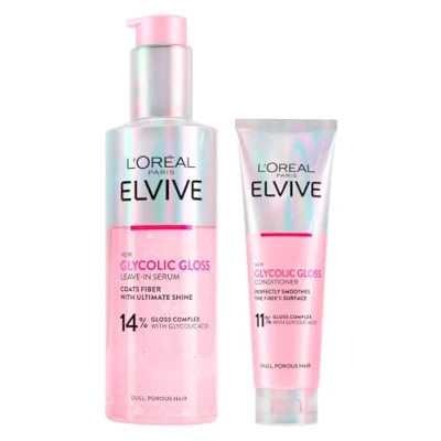 Abbildung von L&#039;Oréal Paris Elvive Glycolic Gloss Haarkur Elvital Glykolglanz Set Serum Ohne Ausspülen Haarpflege für Intensive Geschmeidigkeit 150ml + Spülung Glanzloses Haar mit Glykolsaure 2 Flaschen
