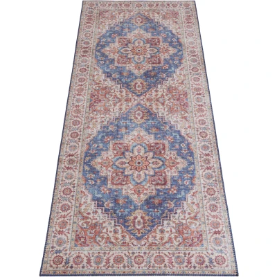 Abbildung von Nouristan Anthea Asmar Wohnzimmerteppich Orient Touch Detailiertes Muster Florales Kurflor Flachgewebe Teppich für Esszimmer, Wohnzimmer, Schlafzimmer Jeansblau, 80x200cm, Polyester, 80x200 cm