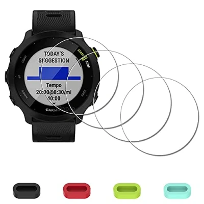 Abbildung von iDaPro Displayschutz Schutzfolie für Garmin Forerunner 55 Smartwatch + 4 teiliger Ladeanschlussschutz, 9H Härte Gehärtetes Glas Displayschutzfolie Einfache Installation [4 Stück]