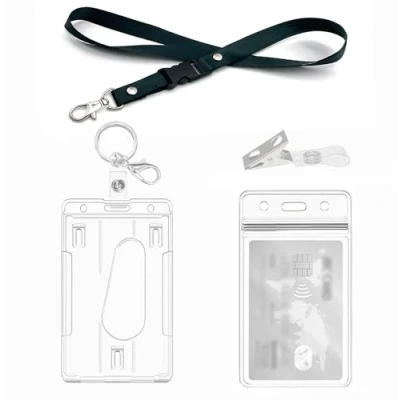 Abbildung von Ausweishülle mit Lanyard,Schlüsselanhänger, Clips, harter klarer Abzeichenhalter, Durchsichtige Kartenhülle,Badge Holder Karten für Ausweishalter,ausweishüllen, (1 Set Vertical)