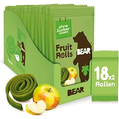 Abbildung von BEAR Fruchtrollen Apfel 100% Natürliche Inhaltsstoffe Ohne Zusatz von Zucker Gesunder Snack für Kinder &amp; Erwachsene 18 Beutel x 20g 360g