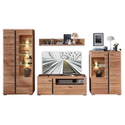 Abbildung von Stella Trading Wohnwand Komplett Set in Altesche massiv, Old Artisan Oak Optik FSC Zertifiziert Moderne Schrankwand mit LED Beleuchtung für Ihr Wohnzimmer 360 x 203 42 cm (B/H/T)