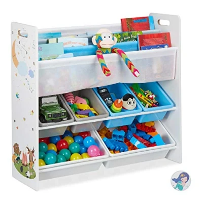 Abbildung von Relaxdays Kinderregal, 6 Boxen, 4 Stofffächer, Lagerfeuer Kindermotiv, Spielzeugregal HxBxT: 78 x 86 26,5 cm, bunt, 1 Stück