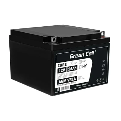 Abbildung von Green Cell® AGM 12V 26Ah Akku Vlies Batterie VRLA Blei Bleiakku Ersatzakku Akkubatterie Versorgungsbatterie Zyklenfest Wartungsfrei Rollstuhl Golfwagen Elektromotoren Rasenmäher Reha