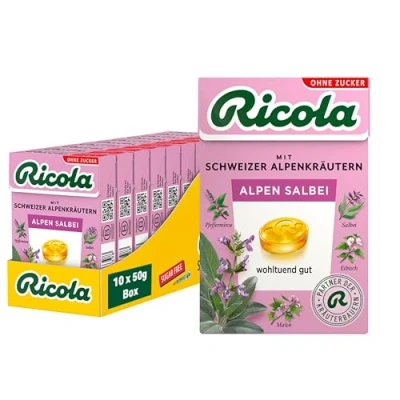 Abbildung von Ricola Alpen Salbei, 10 Böxli original Schweizer Kräuter Bonbons mit 13 Alpenkräutern &amp; würzigem zuckerfrei, x 50g, vegan