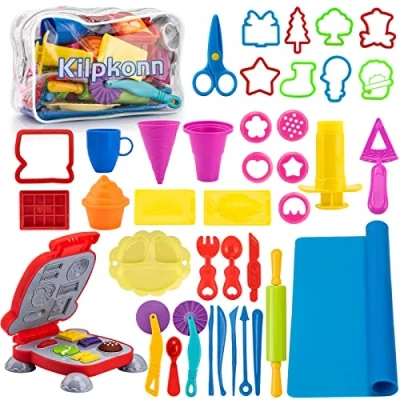 Abbildung von Knetwerkzeug für Kinder, 41 Stück Zubehör Creation Frühstück Burger &amp; Pasta, Formen Rollen Nudelholz, Knetmatte mit Aufbewahrungstasche, Teig Spielzeug Geschenk Jungen Mädchen