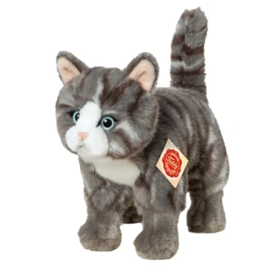 Abbildung von Teddy Hermann® Kuscheltier Katze stehend grau getigert, 20 cm, zum Teil aus recyceltem Material