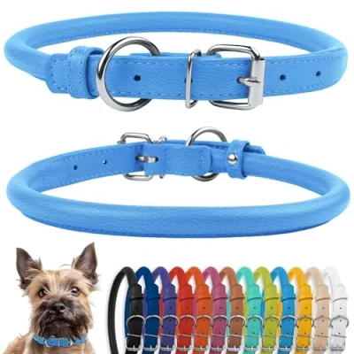 Abbildung von CollarDirect Rundes Leder Hundehalsband, weich gepolstert gerollt, handgefertigtes Echtleder Halsband für Hund Welpe Katze Klein Groß Schwarz Rosa Rot Lila Blau