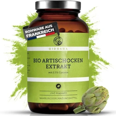 Abbildung von QIDOSHA® Bio Artischocken Extrakt aus Frankreich, 240 Kapseln im Apothekerglas, 1800mg je Tagesportion, 600mg Kapsel, mit 2,5% Cynarin, deutsche Fertigung, jede Charge laborgeprüft