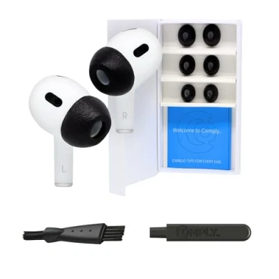 Abbildung von Comply Premium Schaumstoff Ohrstöpsel, kompatibel mit Apple AirPods Pro Gen 1 &amp; 2., Größe S, Neue 2025 Version Demontage und Reinigungstool, schwarz, 3 Paar, Made in The USA