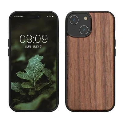 Abbildung von kwmobile Hülle kompatibel mit iPhone 15 Holz Case stoßfestes Handy Cover TPU Handyhülle in Dunkelbraun