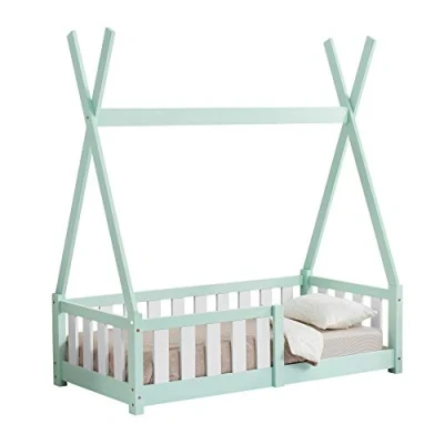 Abbildung von [en.casa] Kinderbett Helsingborg 70 x 140 cm mit Rausfallschutz Lattenrost Tipi Zelt Jugendbett Bettgestell Kiefernholz Holzbett für Kinder Mintgrün