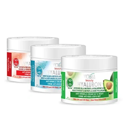 Abbildung von Victoria Beauty Hyaluron Creme Set, Anti Aging Cremes gegen Falten und Augenringe, straffende Gesichtscremes mit Hyaluronsäure (3 x 50 ml)