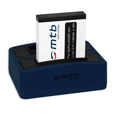 Abbildung von Akku + Dual Ladegerät (USB) für GoPro ABPAK 001, AHDBT 001 / Hero, Hero2, Hero960 kompatible Cams Siehe Liste! (inkl. Micro USB Kabel)