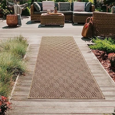 Abbildung von Teppich Traum In und Outdoor Läufer lang Rautenmuster robust modern Terrasse Balkon Garten wetterfest Jute Look 80 x 250 cm