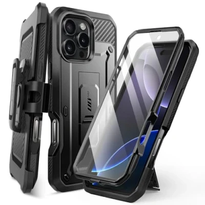 Abbildung von SUPCASE für iPhone 16 Pro Max Hülle 6.9 Outdoor Handyhülle 360 Grad Case Bumper Schutzhülle Cover [Unicorn Beetle Pro] mit Displayschutz, Ständer und Gürtelclip (Schwarz)