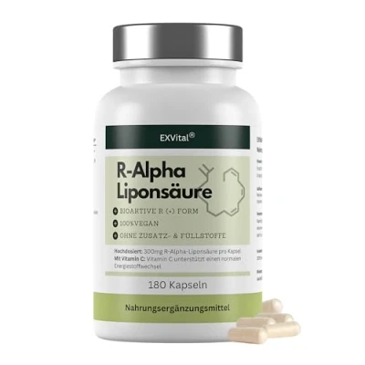 Abbildung von EXVital® R Alpha Liponsäure, hochdosiert mit 300mg pro Kapsel, in natürlicher Form, 180 Kapseln, vegan &amp; ohne Zusätze, laborgeprüft