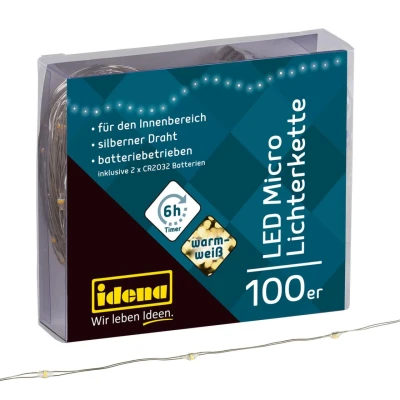 Abbildung von Idena 30185 LED Micro Lichterkette mit 100 LEDs in Warmweiß, 6 Stunden Timer Funktion, batteriebetrieben, 10,2 m lang, Deko für Innen, zum Basteln, als Party Deko, Weihnachtsdeko, zur Hochzeit