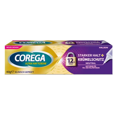 Abbildung von Corega Ultra Haftcreme Starker Halt + Krümelschutz für Zahnersatz/dritte Zähne, 40g, ohne künstliche Farb und Aromastoffe