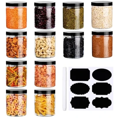 Abbildung von Belle Vous 12 tlgs. Set Transparenter Plastikdosen mit Deckel, Etiketten &amp; Stift Wiederverwendbare 500 ml Vorratsdosen Deckel Luftdicht Nachfüllbar Für Nüsse, Gewürze Bastelbedarf