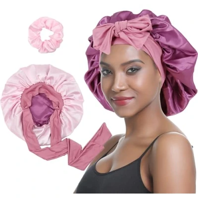 Abbildung von SENGTERM Satin Haarhaube Damen Doppelseitig Seidenhaube mit Elastischen Krawattenband für Lockige haare Nachtmütze (pink)