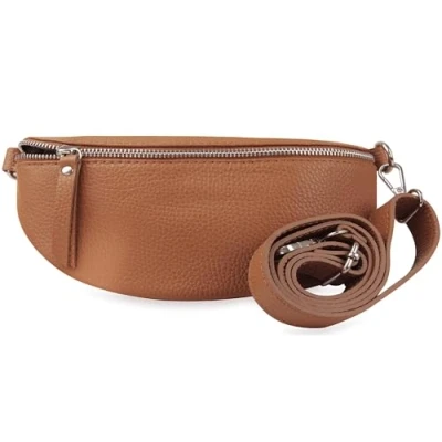 Abbildung von Frentree® Damen Echtleder Bauchtasche, Made in Italy, Umhängetasche Crossbody Tasche Schultertasche mit silbernem Reißverschluss, Größe MINI