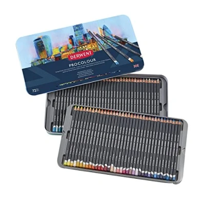 Abbildung von Derwent Procolour Buntstifte, Set mit 72 Stück in Metalldose, 4mm Runder Kern Premium Stärke, Glatte Textur, Ideal fürs Zeichnen und Malen, Profi Qualität, 2302508