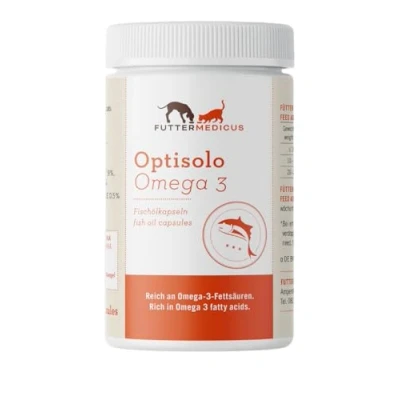 Abbildung von Futtermedicus Optisolo Omega 3 Fischölkapseln 220 Stück Futterzusatz für Hunde und Katzen Zur täglichen Versorgung mit Fettsäuren Leber, Nieren, Haut &amp; Fell