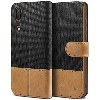 Abbildung von BEZ Hülle für Huawei P20 Pro Hülle, Handyhülle Kompatibel Pro, Handytasche Schutzhülle Tasche Case [Stoff und PU Leder] mit Kreditkartenhaltern, Schwarz