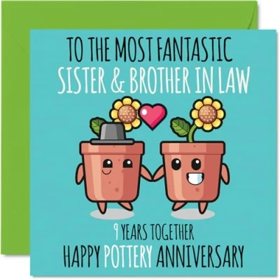 Abbildung von Süße Pottery Jubiläumskarte für Schwester und Schwiegerbruder 9 Jahre zusammen Glückwunschkarten zum 9. Hochzeitstag Schwiegerbruder, Schwester, 145 x mm, Grußkarten neunten Jahrestag
