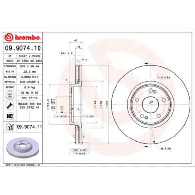 Abbildung von BREMBO COATED DISC LINE 09.9074.11 Bremsscheibe 300 26 5 innenbelüftet beschichtet mit Schrauben RENAULT: LAGUNA 2, 2 Grandtour