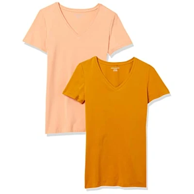 Abbildung von Amazon Essentials Damen Kurzärmeliges T Shirt mit V Ausschnitt, Klassischer Schnitt, 2er Pack, Korallenorange/Goldgelb, S