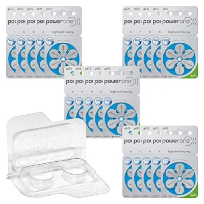 Abbildung von 120x Power One 675 Hörgerätebatterien 20x6er Blister PR44 Blau 24600 + Aufbewahrungsbox für 2 (10, 13, 312, 675), Batteriebox Knopfzellen bis 12 mm x 6 (Ø H)