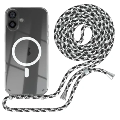 Abbildung von EAZY CASE Handykette kompatibel mit iPhone 16 Plus Kette zum Umhängen Stoßfest Handyhülle für Apple Silikon Hülle Band Handytasche Transparent als Fallschutz in Schwarz Camouflage