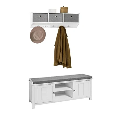 Abbildung von SoBuy Wandgarderobe Set Flurset Flurmöbel Schuhbank mit Sitzfläche Flurgarderobe FSR35 W+FRG282 W
