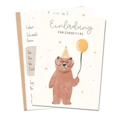 Abbildung von MeinBaby123® 10 Einladungskarten Kindergeburtstag Mädchen und Jungs süße Geburtstagseinladungen für Kinder Bär inkl. Briefumschläge Premium Qualität (Bär V4)