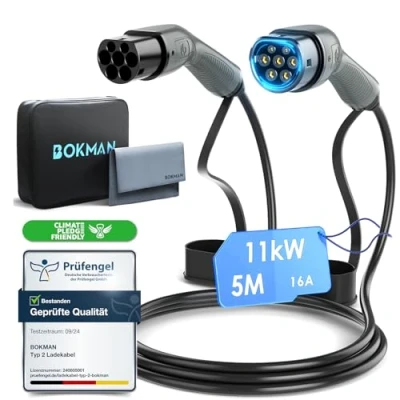 Abbildung von bokman Typ 2 Ladekabel, Modus 3 / 16A 11 kW Phasig 5 Meter, auf EV Ladekabel für Elektroauto mit Tragetasche und Mikrofasertuch