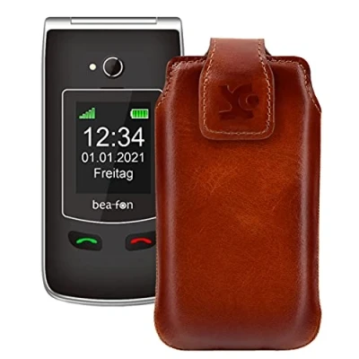 Abbildung von Suncase Original Tasche kompatibel mit Beafon SL645 Plus Hülle Leder Etui Handytasche Ledertasche Schutzhülle Case in Burned Cognac