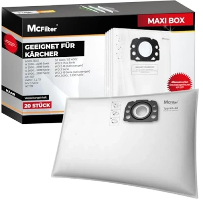 Abbildung von McFilter 20 Staubsaugerbeutel kompatibel mit Kärcher WD2, WD3 Serie, KWD1, KWD2, KWD3, WD2 18,WD3 18,WD2 Plus WD3.200 3.800 NT 251,WD3 V 17/4/20,SE4001/SE4002, passend wie KFI 357 2.863 314.0