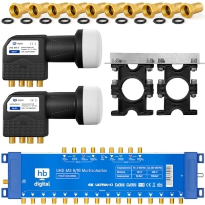 Abbildung von HB DIGITAL Set: 2X Quattro LNB Schwarz (Test: SEHR GUT) + Multischalter pmse 9/16 9X Satellit &amp; bis zu 16x Teilnehmer/Receiver für Full HDTV 3D 4K UHD Netzteil 40 Vergoldete F Stecker