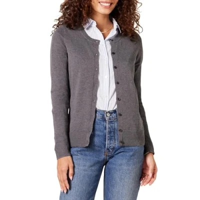 Abbildung von Amazon Essentials Damen Leichte Rundhalsstrickjacke (Erhältlich In Übergröße), Dunkelgrau Meliert, XS