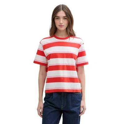 Abbildung von TOM Tailor Denim Striped BOXY Tshirt print, Damen, Größe: Medium, White red pink stripe
