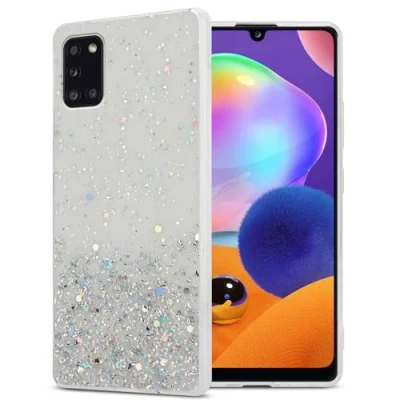 Abbildung von Cadorabo Hülle kompatibel mit Samsung Galaxy A31 Rundumschutz TPU Silikon Case Mädchen Glitzer Strass Design Slim Kratzfest Weiche Gummi Bling Schutzhülle für in Transparent