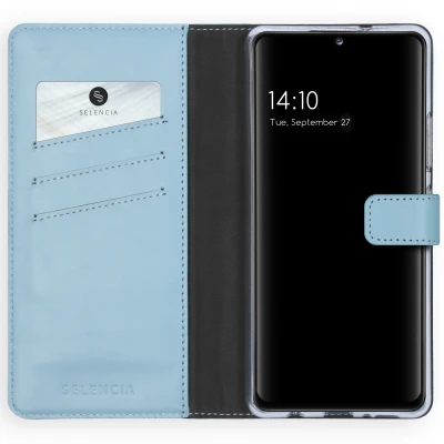 Abbildung von Samsung Galaxy A42 Hülle Echtleder Selencia Klapphülle Handyhülle Hellblau