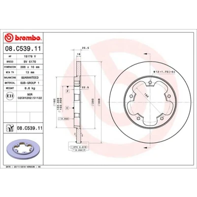 Abbildung von BREMBO 08.C539.11 Bremsscheibe 308 16 5 voll beschichtet FORD: Transit V363 Bus, Kastenwagen, Mk6 Bus