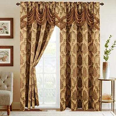 Abbildung von Elegant Comfort Vorhang Set in Jacquard Optik mit angenähtem Wasserfall Volant, 137 x 213 cm, Gold/Taupe